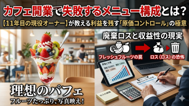 カフェ開業で失敗しやすいフルーツ盛り盛りパフェと、廃棄リスクを回避して利益を残すための現役オーナーによる原価コントロールの図解