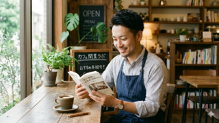 エッセンシャル思考の本を読んでいるカフェオーナーのイラスト